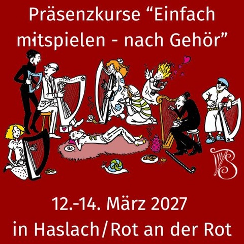 Comiczeichnung mit harfe spielenden Menschen, Präsenzkurs Einfach mitspielen Nach Gehör in Rot an der Rot