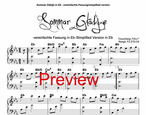 Vorschau vereinfachte Fassung für Hakenharfe in Eb Sommar Glädje Vorschau simple Eb